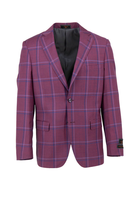 The Tiglio Luxe Boysenberry with Blue Windowpane Dolcetto Modern Fit Pure Wool Jacket TL6334 is a premium Italian-crafted blazer featuring a single button, two front flap pockets, and a black inner lining.