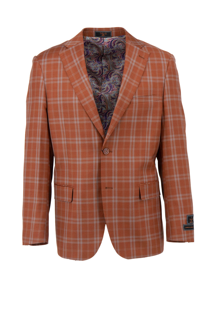 The Tiglio Luxe Amber Dolcetto Modern Fit Jacket, model TL6340, is a pure wool, orange plaid blazer with gray windowpane accents. It features a paisley-patterned lining, button closure, and notched lapels, embodying Italian sartorial elegance.