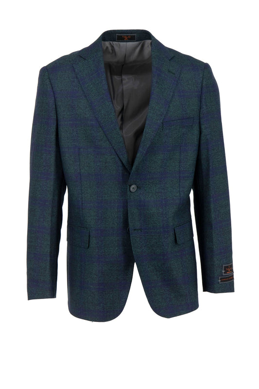 The Tiglio Luxe Dolcetto Modern Fit Jacket in green with a navy windowpane pattern, made of pure wool, features a single button and two front pockets.