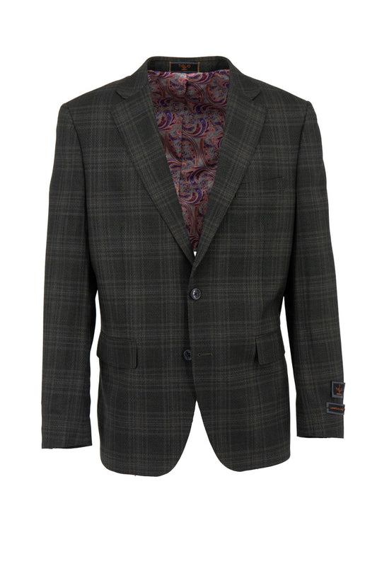 The Tiglio Luxe Thyme Green Dolcetto Modern Fit Pure Wool Jacket TL7526 features a dark green windowpane design with a paisley lining, European styling, and two-button front. Notched lapels enhance this Italian-inspired piece's sophistication.