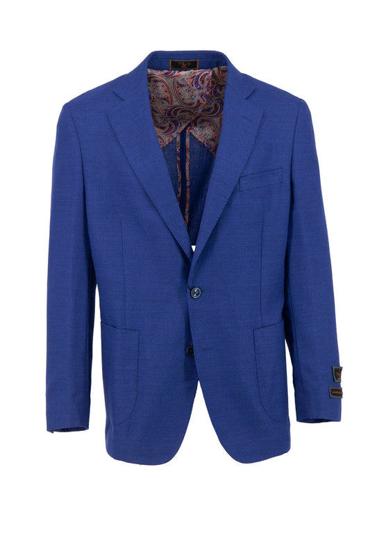 The Tiglio Luxe Royal Blue Jacket TL7541 is a modern fit, single-breasted design crafted from luxurious Italian pure wool. It features a paisley-patterned half lining, two front pockets, and button accents on the cuffs, exemplifying refined men's clothing.