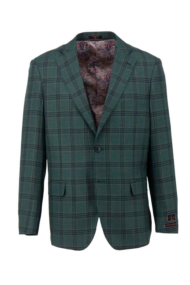 Tiglio Luxe's Dolcetto Modern Fit Jacket TL3362, crafted from pure wool in a hunter green with black windowpane pattern, features a paisley interior and is set against a white background.