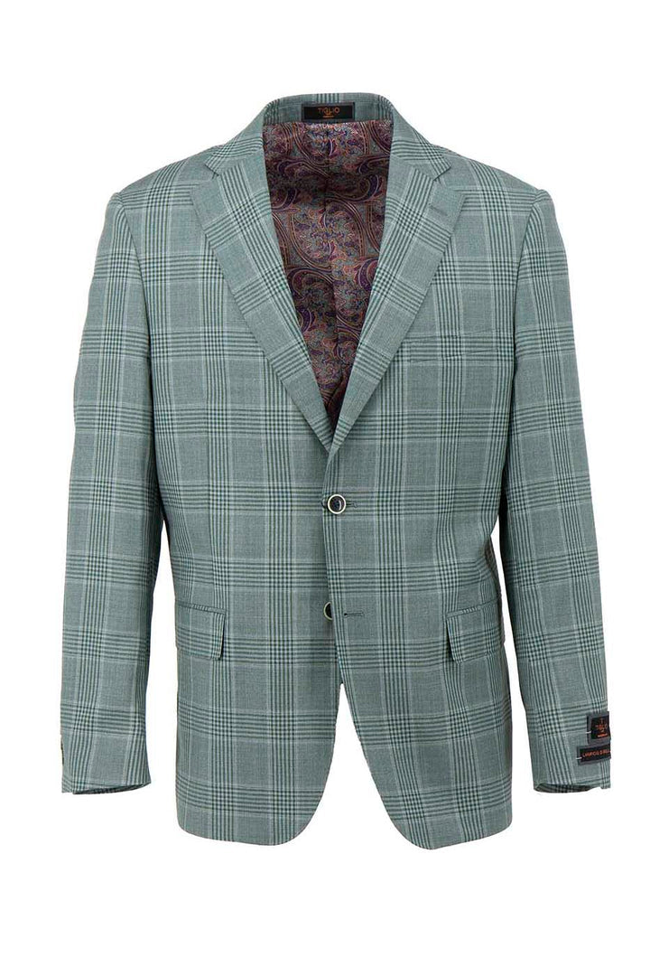 The Tiglio Luxe Seafoam Green Windowpane Dolcetto Modern Fit Jacket (TL5588) is crafted from pure wool, featuring two buttons and a luxurious paisley interior lining. This piece highlights the elegance of Italian fabrics and sartorial tradition.