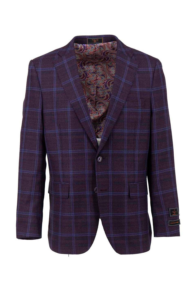 The Tiglio Luxe Eggplant with Blue Windowpane Dolcetto Modern Fit Jacket, TL7519, is a pure wool blazer combining luxury and tradition. It features two buttons, notched lapels, and a colorful paisley lining for a standout look in men’s fashion.