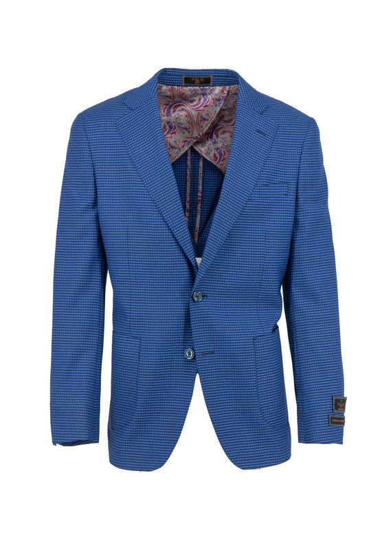 The Tiglio Luxe Blue Mini Check Dolcetto/THP Modern Fit Jacket TL6306 is a pure wool, half-lined blazer with notch lapels and two buttons—ideal for lovers of tailored men's clothing. Displayed on a white background.