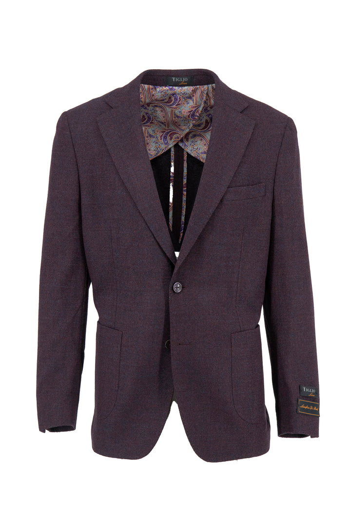 The Tiglio Luxe Sangria Dolcetto/THP Modern Fit half lined pure wool jacket TL5516 by Tiglio Flex features four-way stretch fabric, two front pockets, a chest pocket, paisley lining, and a “TIAGO” sleeve label. Displayed on white background.