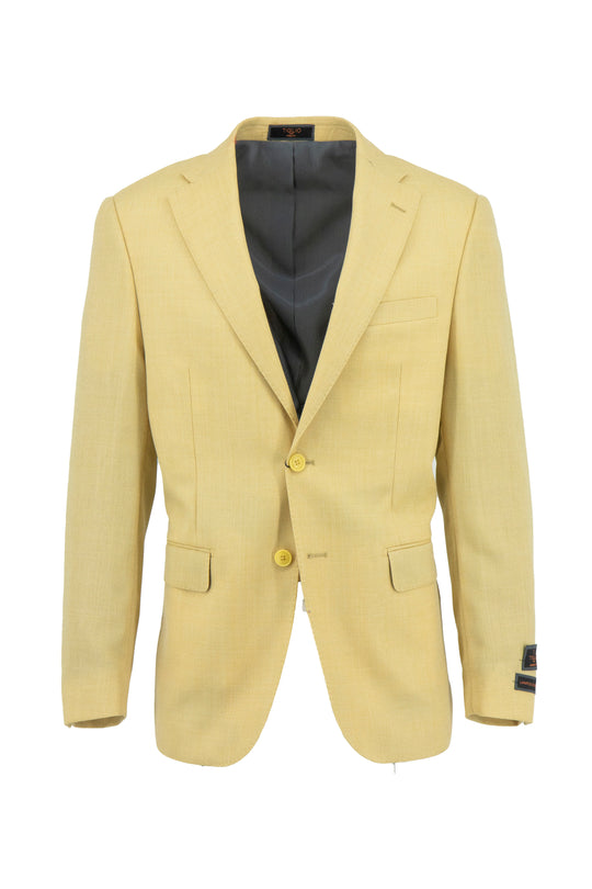 The Tiglio Luxe Pastel Yellow Dolcetto Modern Fit Pure Wool Jacket TL107453 is a single-breasted men's blazer with notch lapels, two front buttons, flap and chest pockets—an elegant luxury piece displayed on a white background.