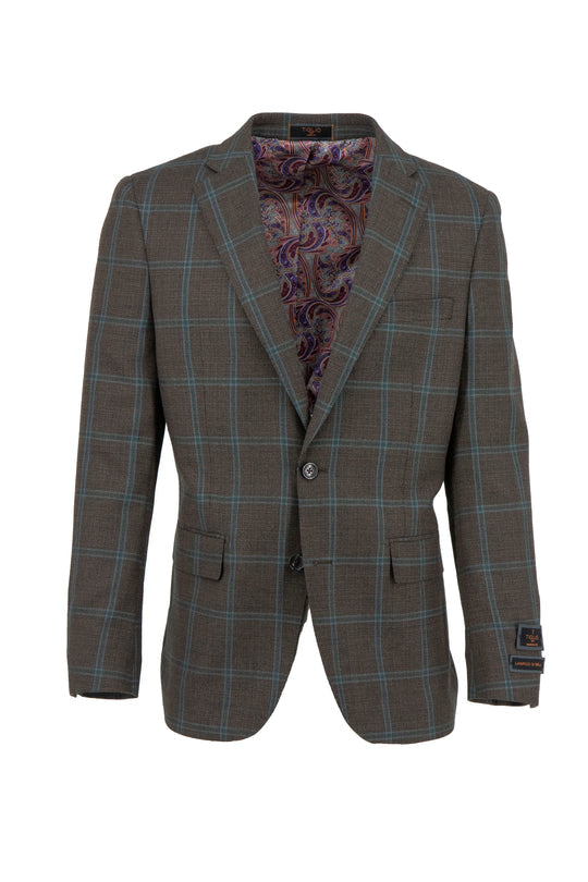 Tiglio Luxe Brown with Green Blue Windowpane Dolcetto Modern Fit Pure Wool Jacket TL7520 features two front pockets, single button closure, paisley lining, and showcases tailored craftsmanship. Displayed on a white background.