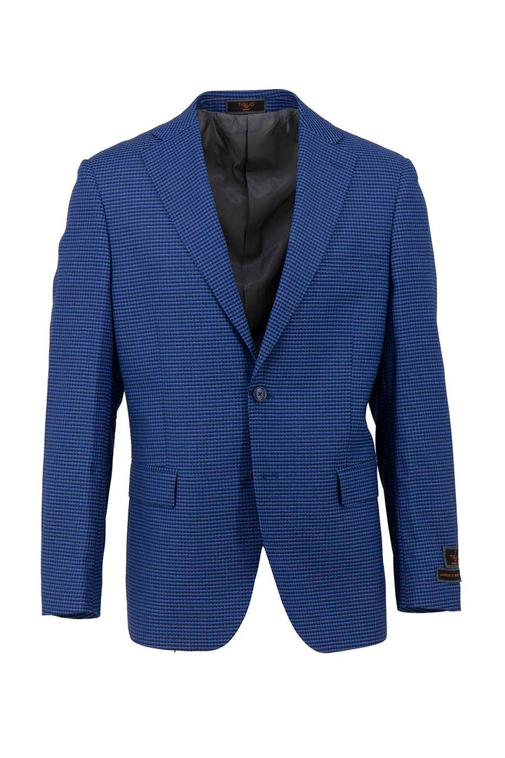 The Tiglio Luxe Dolcetto Modern Fit Jacket TL6306 is a French blue and black mini check men's blazer made from pure wool, featuring European styling with a single button closure and two front pockets.