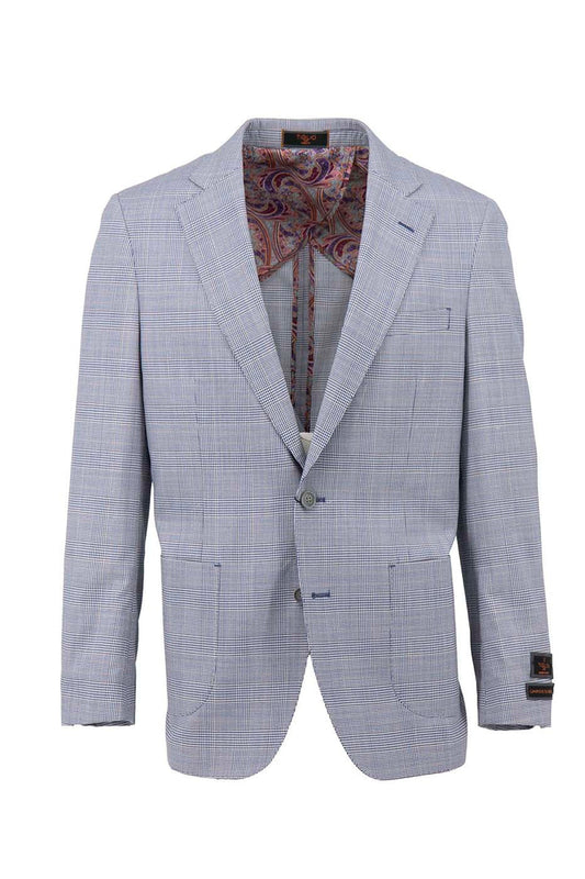 The Tiglio Luxe Light Blue Glen Plaid Dolcetto/THP Modern Fit Jacket TL4036, crafted from pure wool, features a half lining, two buttons, and notch lapels, exemplifying the blend of sartorial traditions in men's clothing.