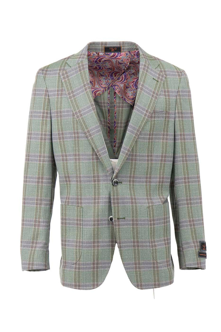 The Tiglio Luxe Pistachio jacket, model TL4221, is a modern fit blazer crafted from pure wool with a windowpane pattern. It features half lining in a distinct European style.