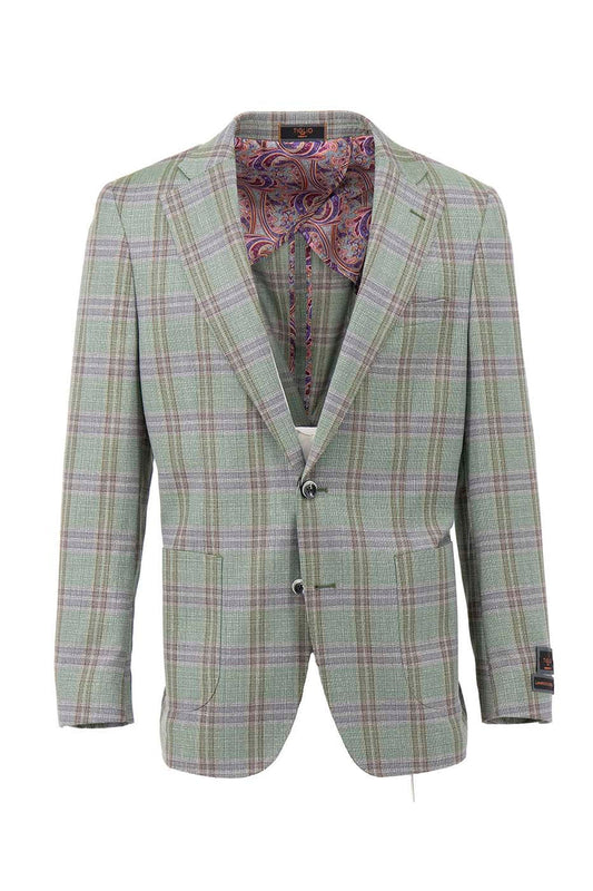 The Tiglio Luxe Pistachio jacket, model TL4221, is a modern fit blazer crafted from pure wool with a windowpane pattern. It features half lining in a distinct European style.