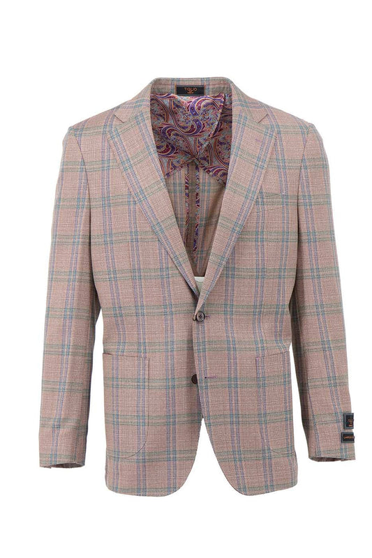 The Tiglio Luxe Dolcetto/THP modern fit blazer, TL4222, features a light salmon and blue windowpane pattern, crafted from pure wool with European styling and a half lining.