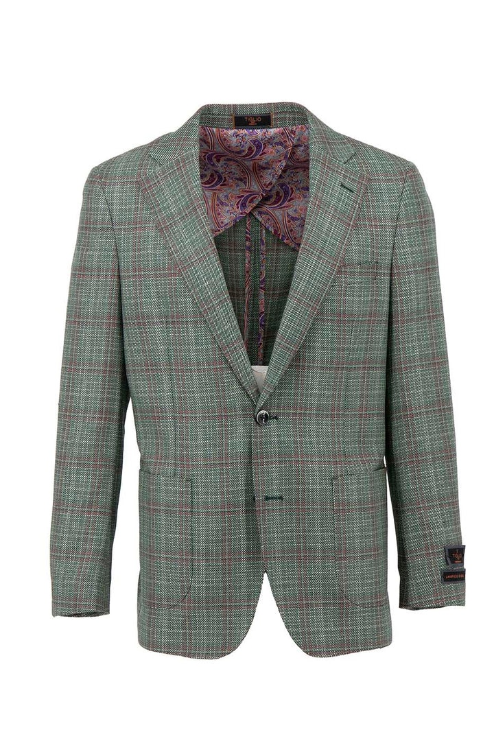 The Tiglio Luxe modern fit wool jacket, TL4256, in sage green with a wine windowpane pattern, features fine Italian craftsmanship and a distinguished partial lining.