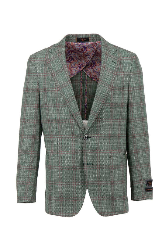 The Tiglio Luxe modern fit wool jacket, TL4256, in sage green with a wine windowpane pattern, features fine Italian craftsmanship and a distinguished partial lining.