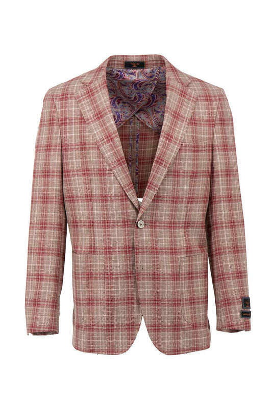 The Tiglio Luxe Red and Tan Windowpane Dolcetto/THP Modern Fit Pure Wool Jacket (TL4257) is a half-lined blazer crafted from fine Italian fabrics, showcased on a white background. This piece beautifully embodies sartorial traditions and is an excellent addition to men's wardrobes.