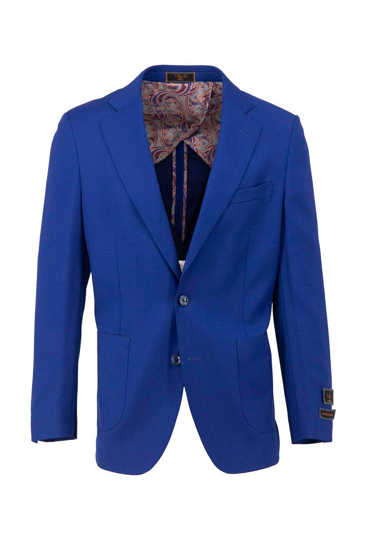 The Tiglio Luxe Cobalt Blue Dolcetto Jacket, TL5590, is a modern-fit, pure wool blazer featuring two front pockets, buttoned cuffs, and a paisley-patterned lining made from fine Italian fabrics.
