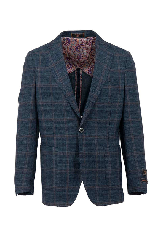 Tiglio Luxe Ocean jacket (Model TL7522) features a navy and red windowpane design, crafted from pure wool with a modern fit. This half-lined blazer includes two front pockets and a single button closure.