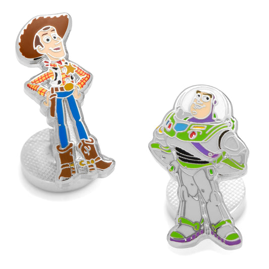 Disney Pixar Toy Story Woody and Buzz Lightyear Cufflinks by Cufflinks.com feature the iconic characters standing on round bases—a perfect accessory for any Disney cufflink collection.