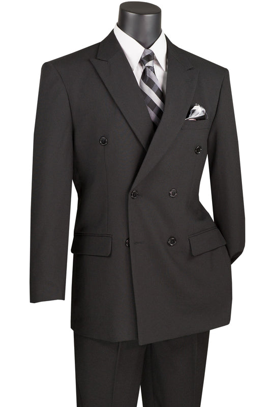 The mannequin stylishly showcases a Vinci Suits Regular Fit Double Breasted 2 Piece Suit (Black) DPP, paired with a white shirt and striped tie. A folded handkerchief in the breast pocket adds a touch of classic elegance.