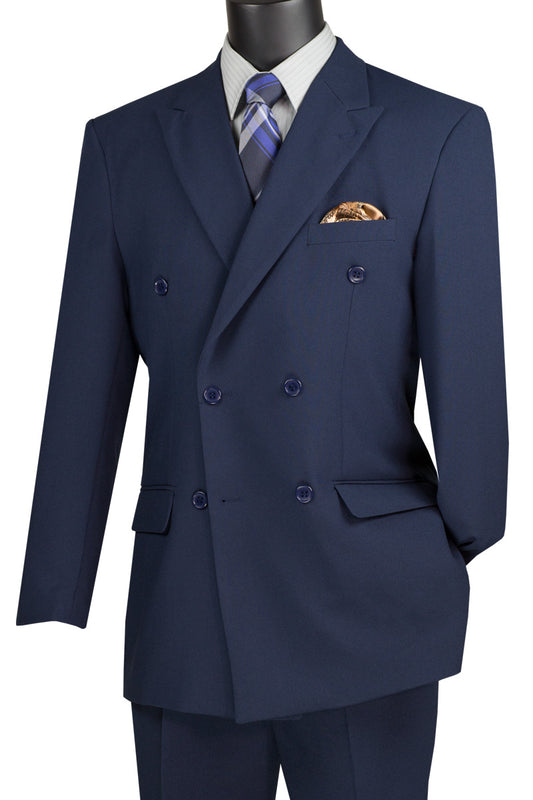 The Regular Fit Double Breasted 2 Piece Suit (Navy) DPP by Vinci Suits, displayed on a mannequin with a striped tie and pocket square, is expertly tailored for style and wrinkle-resistant wear.