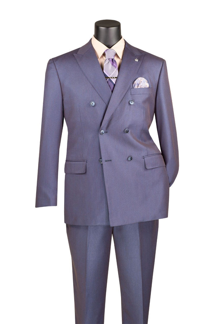 Mannequin in Vinci Suits’ Regular Fit Dusty Purple Double Breasted 2 Piece Sharkskin Suit with Adjustable Waistband Pants DRK-5, styled with a light shirt and purple tie.