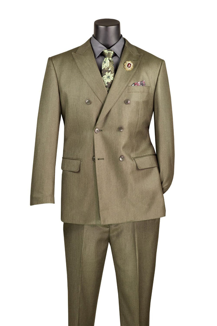 The Regular Fit Dusty Green Double Breasted 2 Piece Sharkskin Suit with Adjustable Waistband Pants DRK-5 by Vinci Suits is shown with a black shirt, floral green tie, pocket square, and lapel pin.
