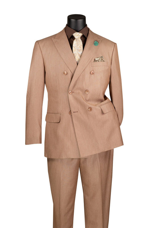 The Vinci Suits Regular Fit Mocha Double Breasted 2 Piece Sharkskin Suit with Adjustable Waistband Pants DRK-5 is a stylish men’s wedding suit, shown with brown shirt and paisley tie.