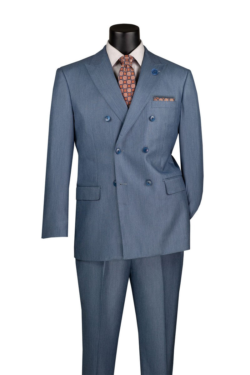 A mannequin showcases the Vinci Suits Regular Fit Smoke Blue Double Breasted 2 Piece Sharkskin Suit with Adjustable Waistband Pants DRK-5, paired with a white shirt and tie.