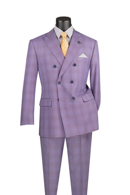 The mannequin features Vinci Suits' 2 Piece Double Breasted Windowpane Suit in Light Purple, DRW-2, styled with a crisp white shirt and a yellow polka dot tie. Complete with a pocket square and lapel pin, this wrinkle-resistant look exemplifies sophistication.
