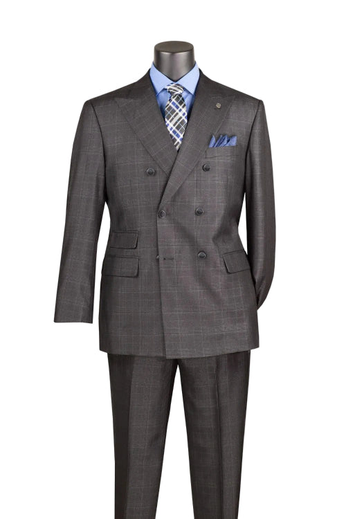 Mannequin in Regular Fit Black Double Breasted Glen Plaid 2 Piece Suit DRW-7 by Vinci Suits, styled with blue shirt, checkered tie, and blue pocket square on white background.