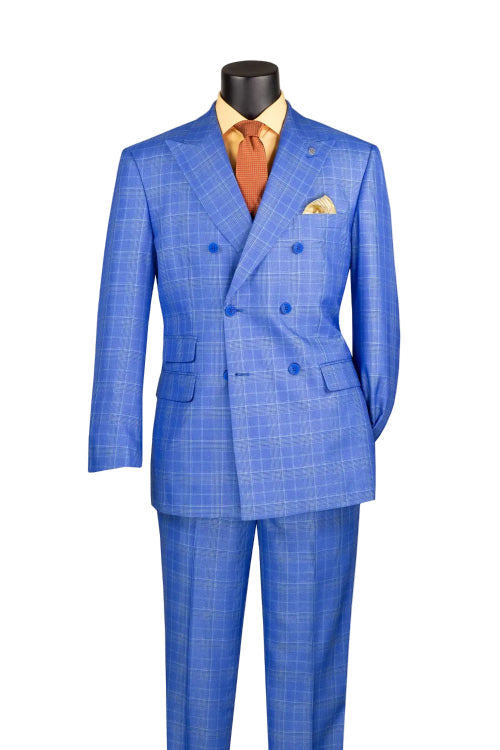 The mannequin wears the Regular Fit Nautica Blue Double Breasted Glen Plaid 2 Piece Suit DRW-7 by Vinci Suits with matching trousers, a yellow shirt, orange tie, and yellow pocket square.