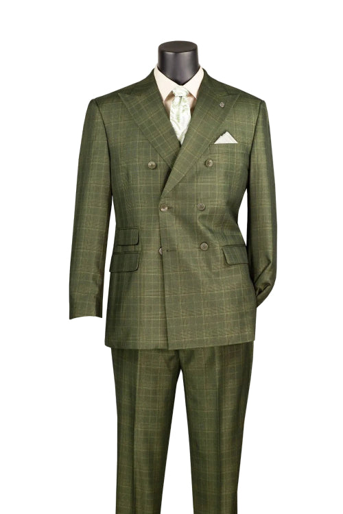 The Vinci Suits Regular Fit Olive Double Breasted Glen Plaid 2 Piece Suit DRW-7 with matching trousers, cream shirt, patterned tie, and pocket square displayed on a mannequin.