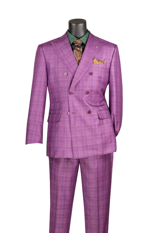 A mannequin displays the Vinci Suits Regular Fit Plum Double Breasted Glen Plaid 2 Piece Suit DRW-7 with matching pants, a green shirt, patterned tie, and yellow pocket square.