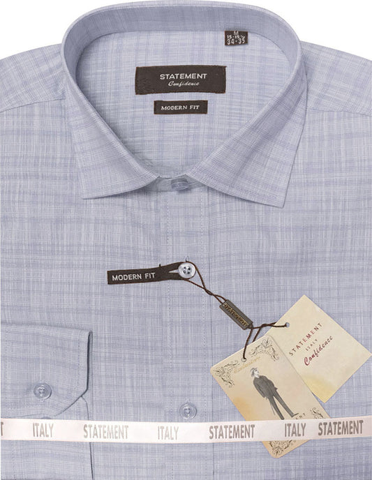 A light gray, cotton dress shirt with a modern fit and subtle checkered pattern from Statement Clothing, featuring brand tags and packaged with a ribbon labeled "STATEMENT ITALY.