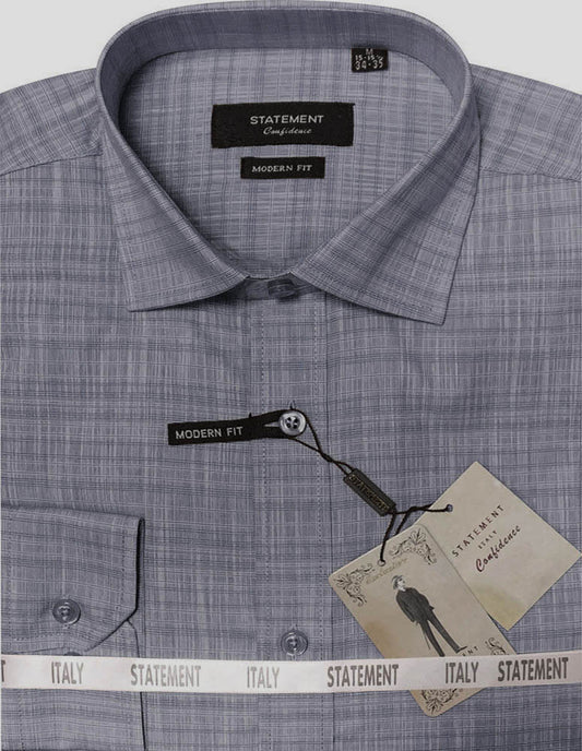 A folded charcoal dress shirt for men, crafted from 100% cotton by Statement Clothing, features a "Modern Fit" label and includes a "Statement" tag displaying an illustration of a man in a suit.