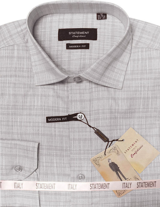 A folded men’s dress shirt from Statement Clothing, in a modern fit with a gray checkered pattern, crafted entirely from 100% cotton and featuring attached tags. It is elegantly packaged with a ribbon displaying "Statement" and "Italy," matching the Cotton Self Textured Dress Shirt DS-102-GRAY product name.