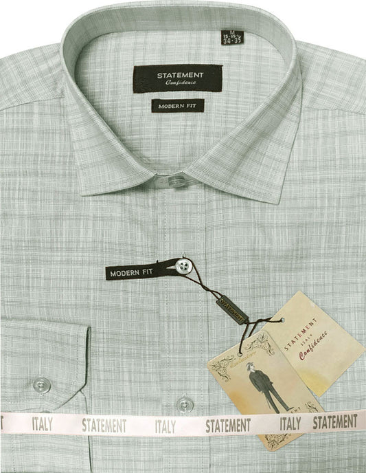 Light gray checked dress shirt for men, crafted from 100% cotton by Statement Clothing, showcases tags labeled "Statement" and "Modern Fit." Made in Italy.