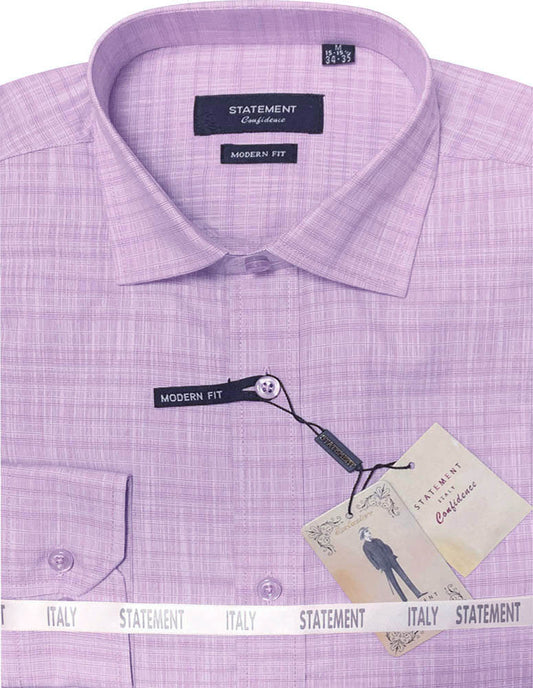 A folded lavender men’s dress shirt, labeled "Statement Clothing" and "Modern Fit," features a plaid pattern, buttoned collar, and is crafted from 100% cotton.
