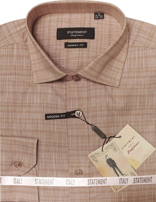 Men’s dress shirt in tan with brown plaid pattern, crafted from 100% cotton and labeled "Modern Fit" for a confident look. Comes with tags and is packaged in a branded box that features the text "Italy." This shirt is from Statement Clothing and is identified as product COTTON SELF TEXTURED DRESS SHIRT DS-102-TAN.