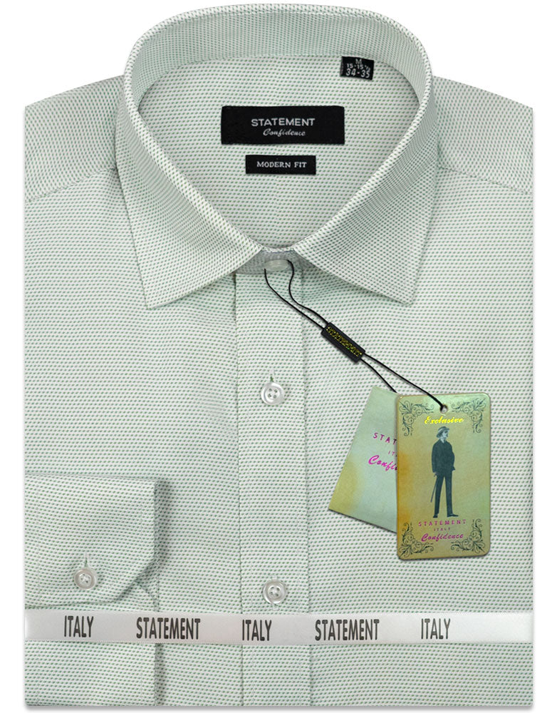A white cotton dress shirt from Statement Clothing, featuring a subtle green pin dot pattern and labeled as "Made in Italy," offers a modern fit for the discerning dresser.