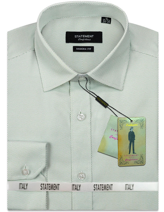 A white cotton dress shirt from Statement Clothing, featuring a subtle green pin dot pattern and labeled as "Made in Italy," offers a modern fit for the discerning dresser.