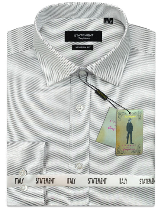 Folded gray pin dot cotton dress shirt from Statement Clothing, labeled "Modern Fit," with attached tags and featuring "Statement" and "Italy" branding. Product Name: STATEMENT CLOTHING | COTTON PIN DOT DRESS SHIRT DS-101-GRAY.