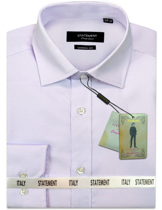A folded dress shirt in lavender, crafted from soft cotton with a pin dot design and complete with tags, showcases Statement Clothing's brand quality. It features a neck size of 32-33, ensuring both style and comfort.