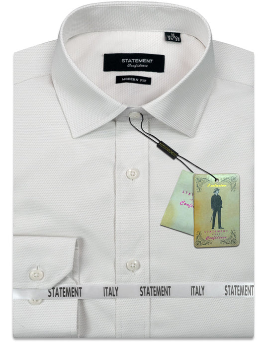 The STATEMENT CLOTHING | COTTON PIN DOT DRESS SHIRT DS-101-OFFWHITE, a white cotton dress shirt with a modern fit and a subtle pin dot pattern, is folded neatly. It features a tag attached to the collar and packaging tape with "Statement" and "Italy" printed on it.