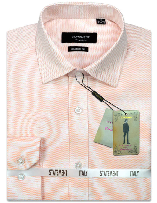 A folded peach cotton dress shirt with tags attached, labeled "Statement Clothing" and "Modern Fit.