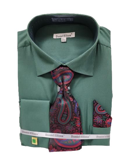 Daniel Ellissa's JQD Twill All Over Collar & French Cuff Dress Shirt (DS3828P2) in dark green, elegantly paired with a multicolored paisley tie and matching pocket square, neatly folded and packaged.