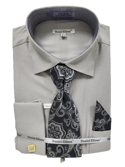 Folded gray dress shirt, style DS3828P2 from Daniel Ellissa, featuring a paisley tie and matching pocket square, complete with a gold cufflink.
