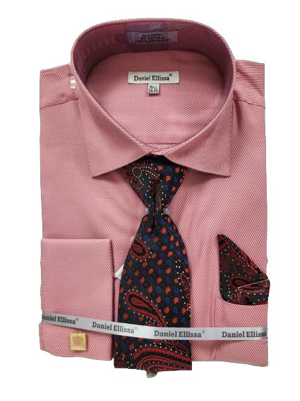 Folded red dress shirt by Daniel Ellissa, featuring a jacquard twill design with an all-over collar and French cuffs, paired with a patterned black and red tie and pocket square.