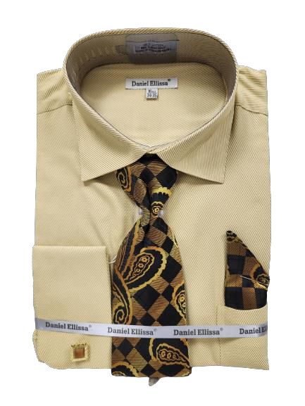 Folded tan dress shirt with all-over collar and French cuffs, paired with a patterned tie and matching pocket square, secured with a Daniel Ellissa branded band.